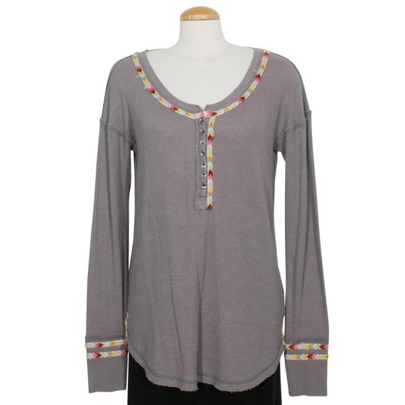 Gray Cotton Blend Rainbow Thermal Henley Top L - Picture 2 of 8